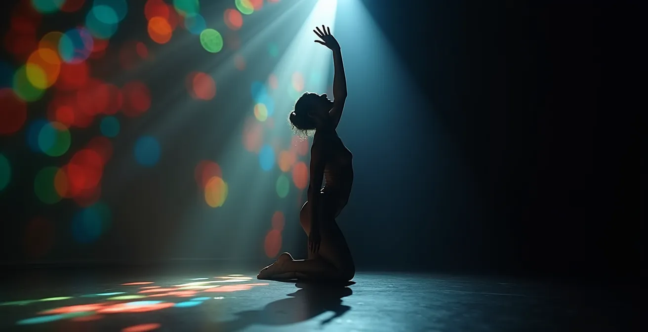 Contraste entre saturación visual y vacío revelador en performance de danza y luz