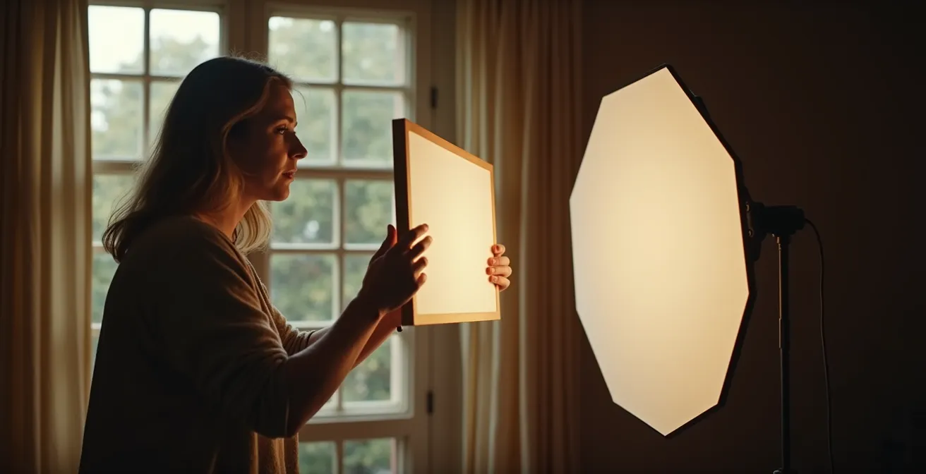 Configuración de iluminación minimalista con una sola fuente de luz desde una ventana, creando un efecto dramático y pictórico inspirado en Velázquez.