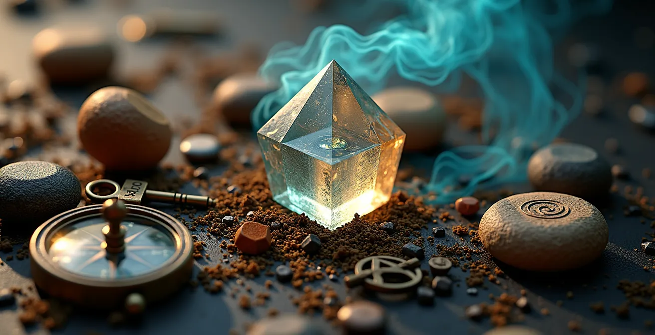 Sistema de magia representado mediante cristales flotantes, runas antiguas y elementos naturales entrelazados con energía luminosa