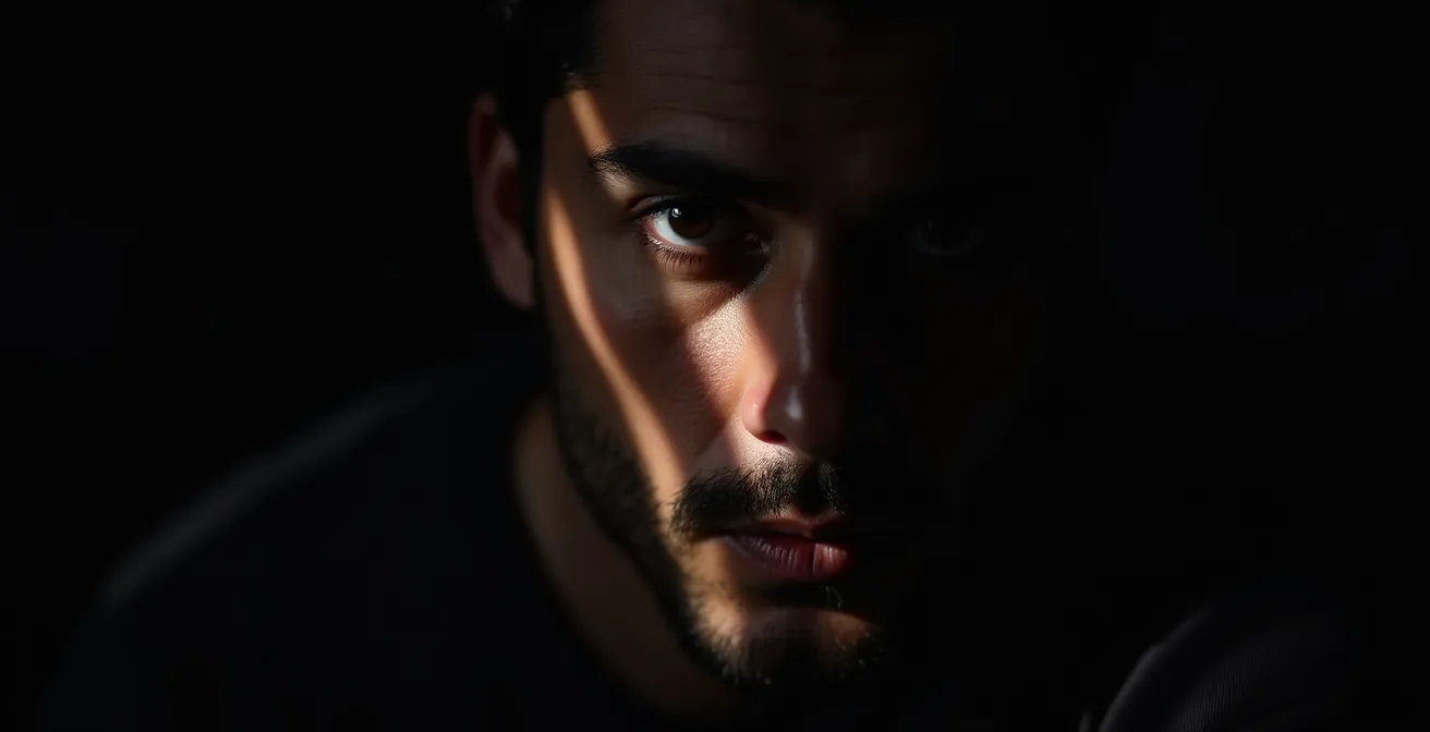 Retrato cinematográfico con iluminación lateral creando sombras dramáticas al estilo del cine noir