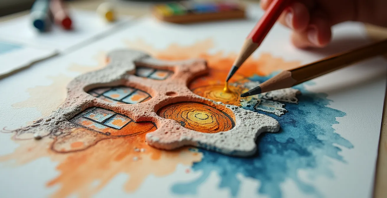 Vista macro de materiales artísticos y bocetos arquitectónicos inspirados en el modernismo catalán sobre mesa de trabajo