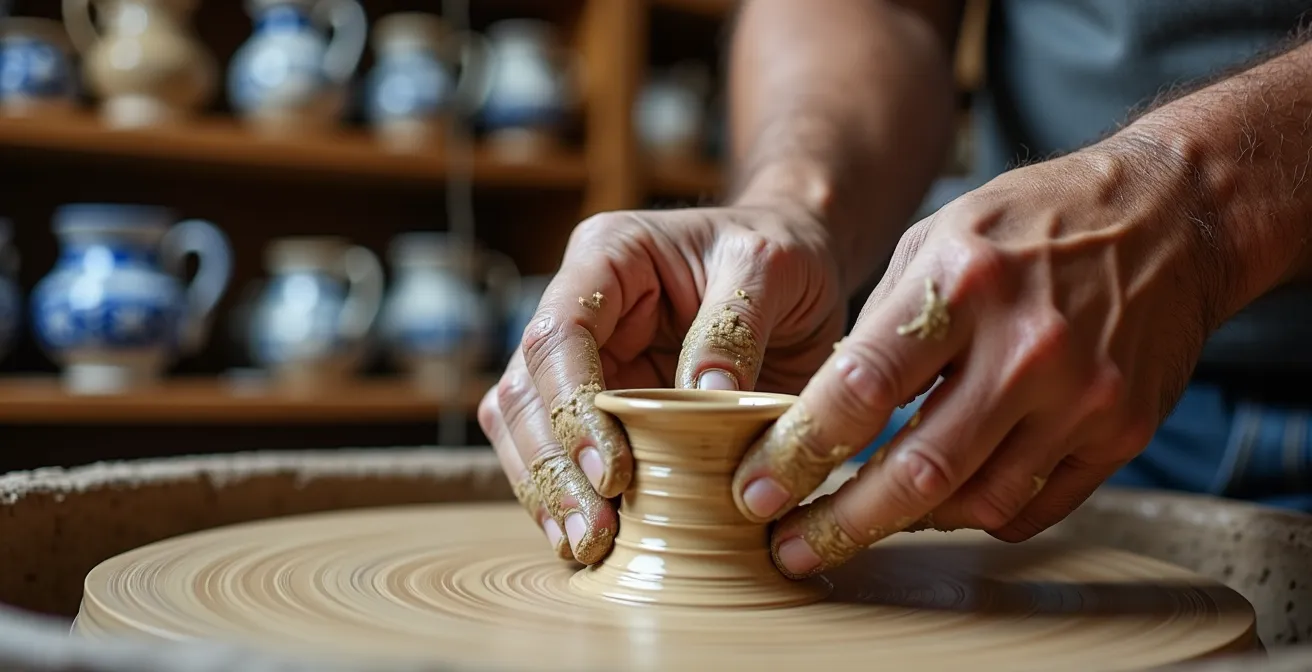 Artesano trabajando en cerámica tradicional de Talavera en un taller español