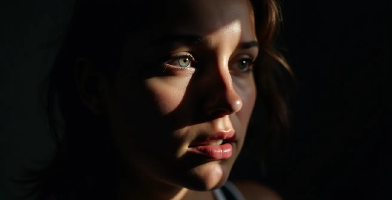 Silueta dramática de persona parcialmente iluminada con técnica de luz negativa en estudio cinematográfico