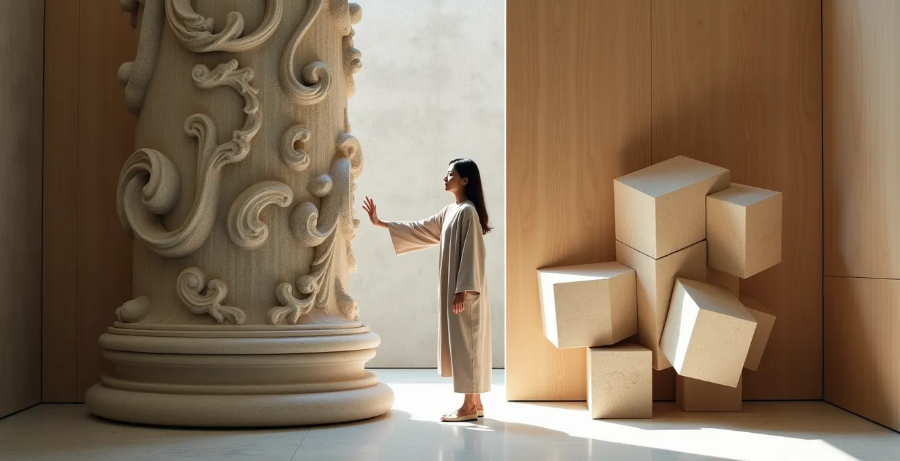 Encuentro visual entre volumen orgánico barroco y geometría pura japonesa