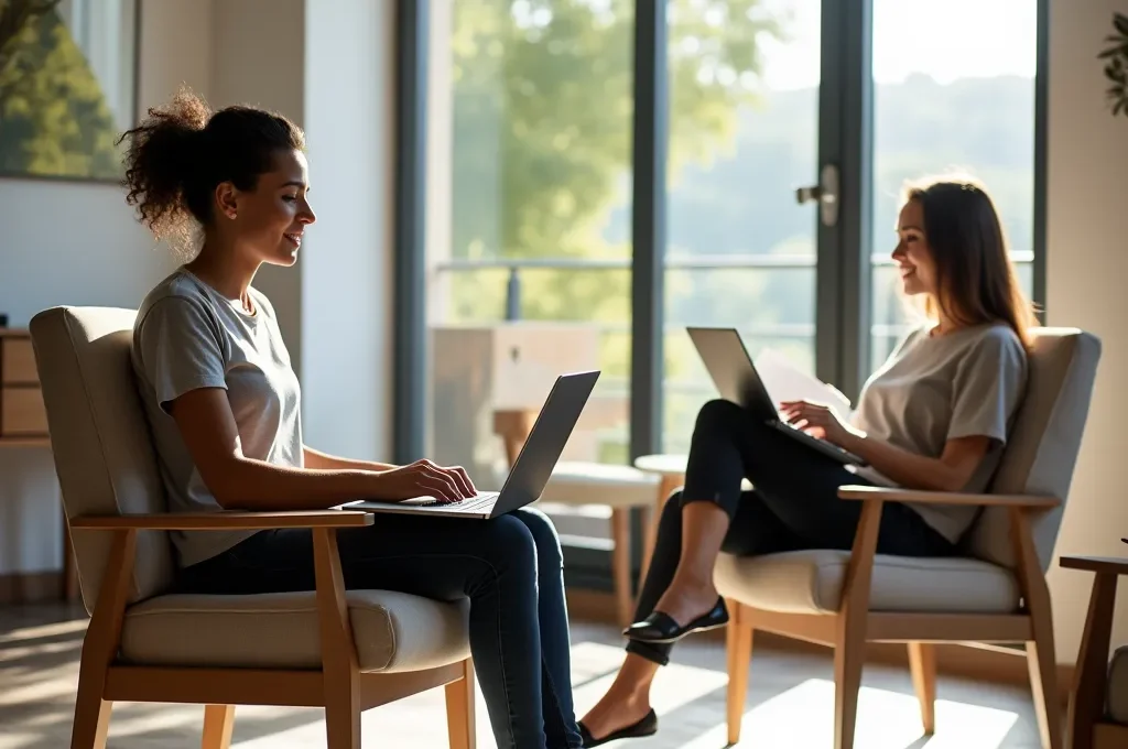 Persona probando la ergonomía de diferentes sillas en un showroom con luz natural mediterránea