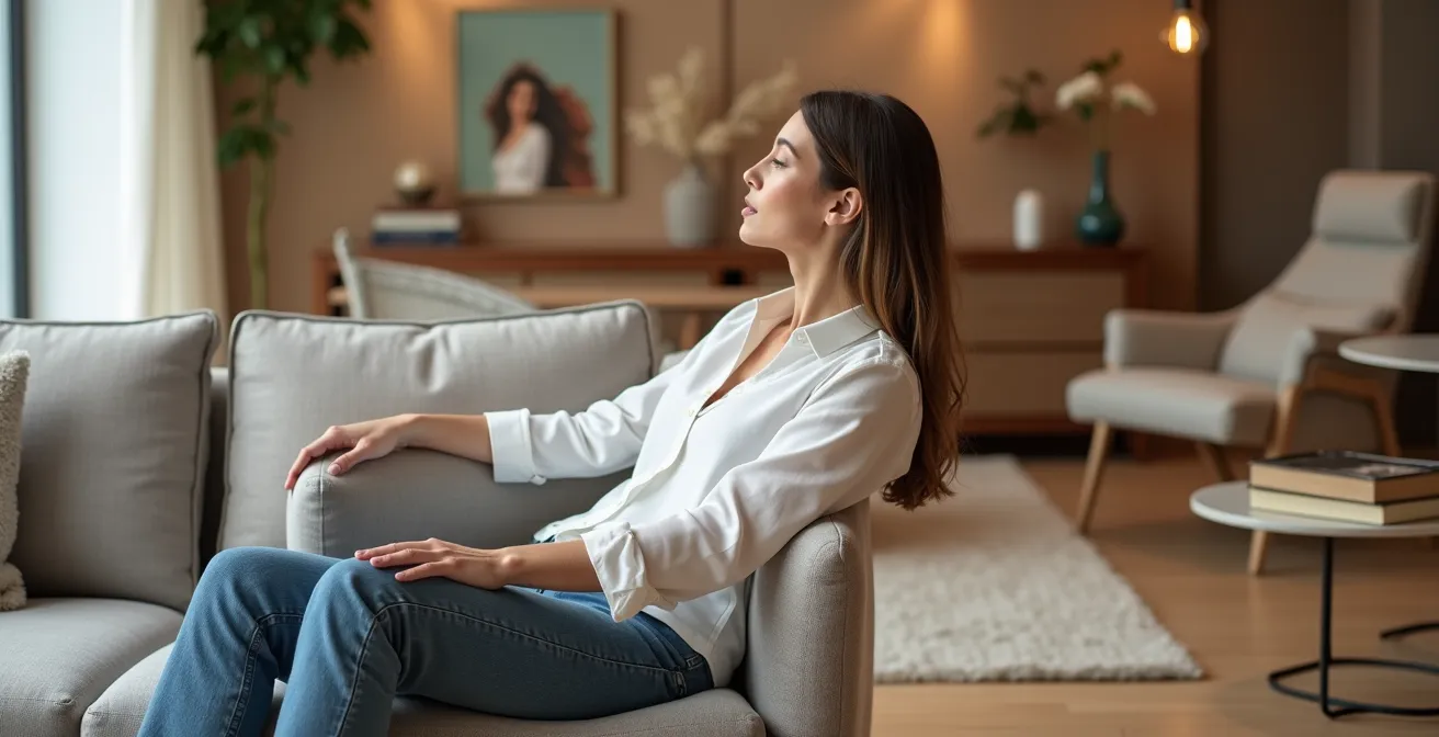 Persona probando la comodidad de un sofá en un showroom español, evaluando el soporte lumbar y la altura.