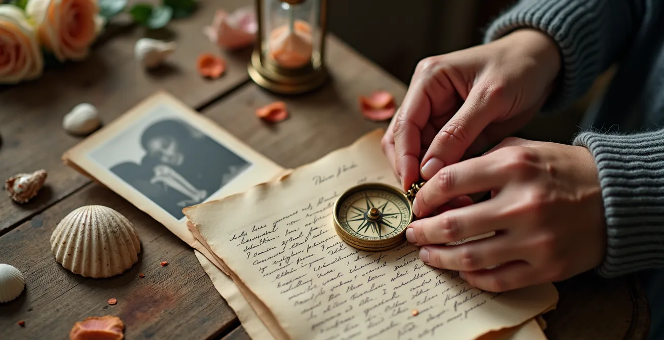 Manos escribiendo poesía con elementos sensoriales flotantes que representan la transformación de sentimientos en imágenes.