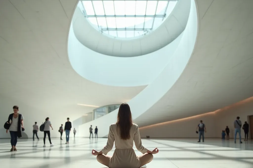 Persona meditando brevemente en el vestíbulo del Museo Guggenheim Bilbao antes de entrar a las salas