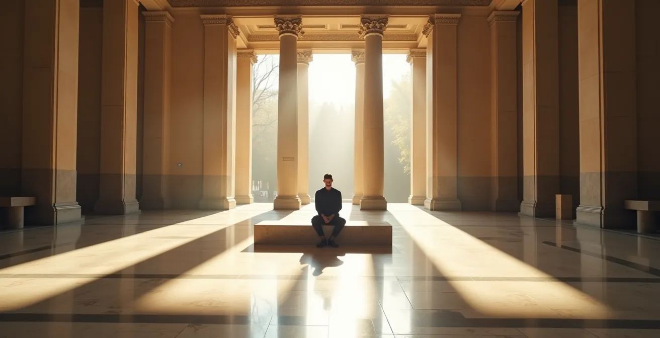 Persona en meditación preparatoria en el vestíbulo del Museo del Prado antes de comenzar su visita