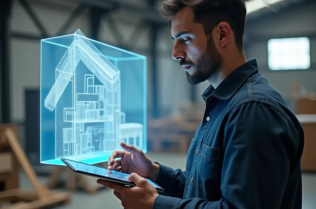 Arquitecto usando tablet con realidad aumentada para visualizar escultura virtual en espacio real