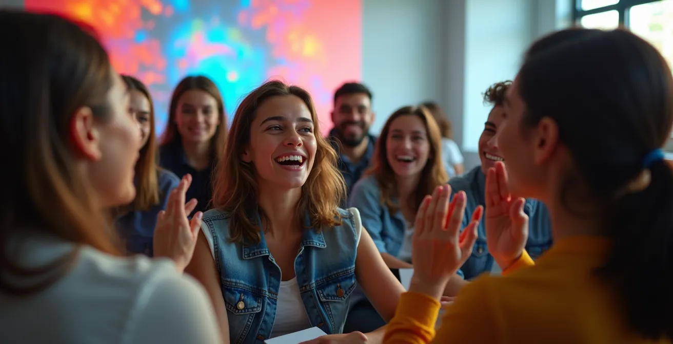 Estudiantes adolescentes en círculo analizando memes de arte clásico proyectados en una pared