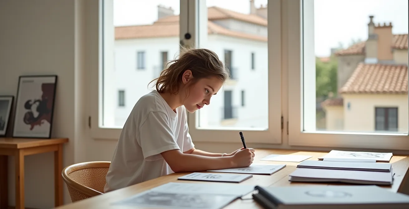 Artista joven trabajando en su carta de motivación rodeado de catálogos de residencias artísticas españolas