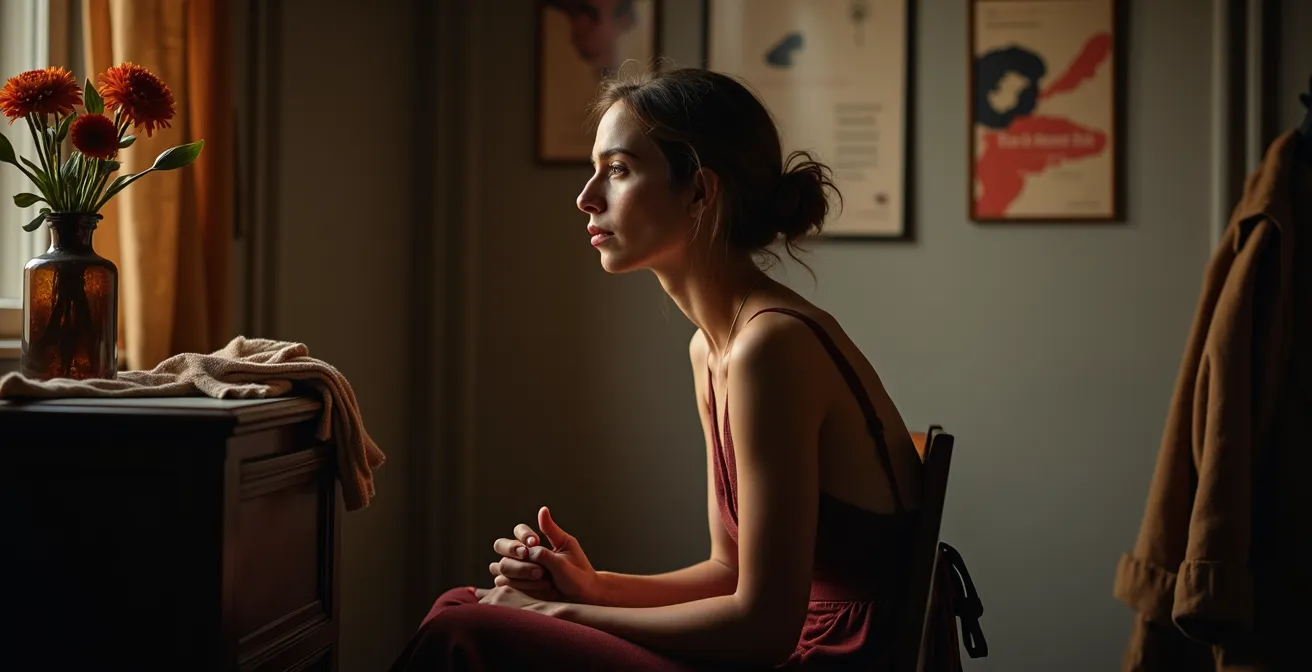 Artista sentado solo en camerino después de actuación, momento de reflexión