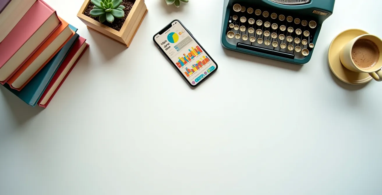 Vista cenital de escritorio con libros, móvil mostrando métricas borrosas y café