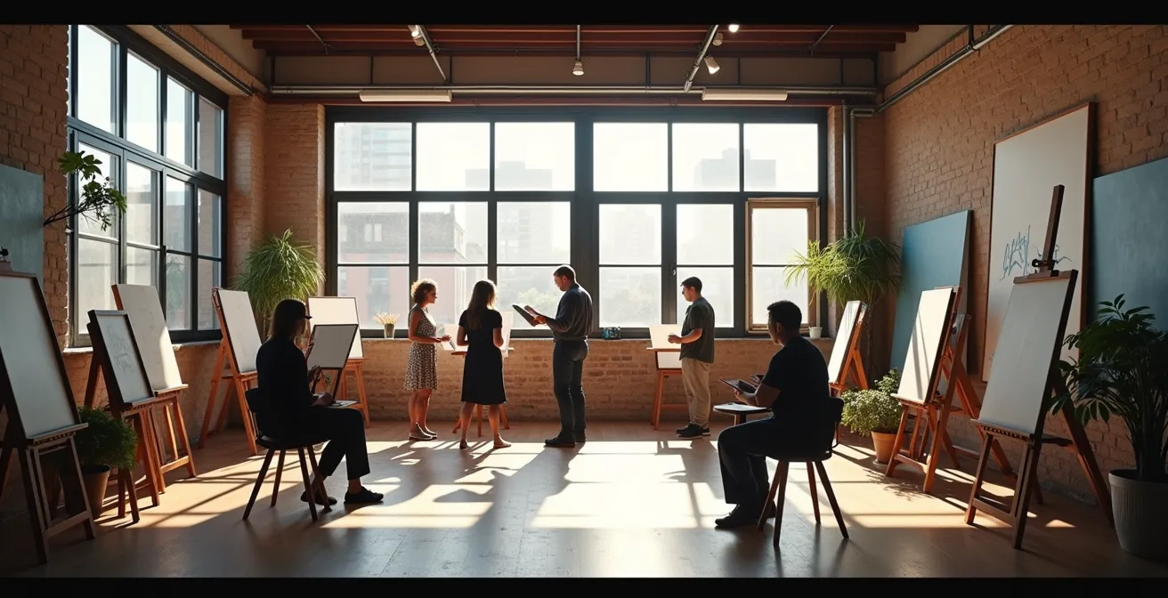 Grupo pequeño de adultos pintando con profesor circulando y dando feedback individual en espacio luminoso