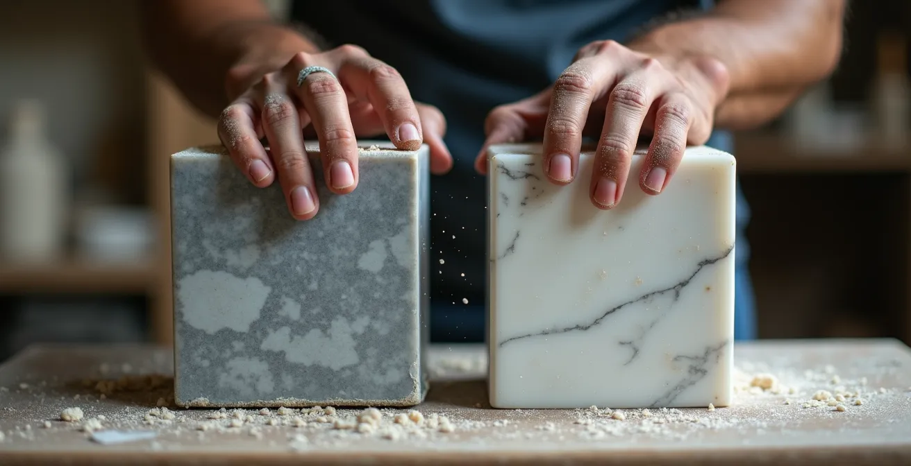 Dos bloques de mármol lado a lado en taller de escultura español, mostrando las diferencias de vetas y colores entre Macael local y Carrara importado