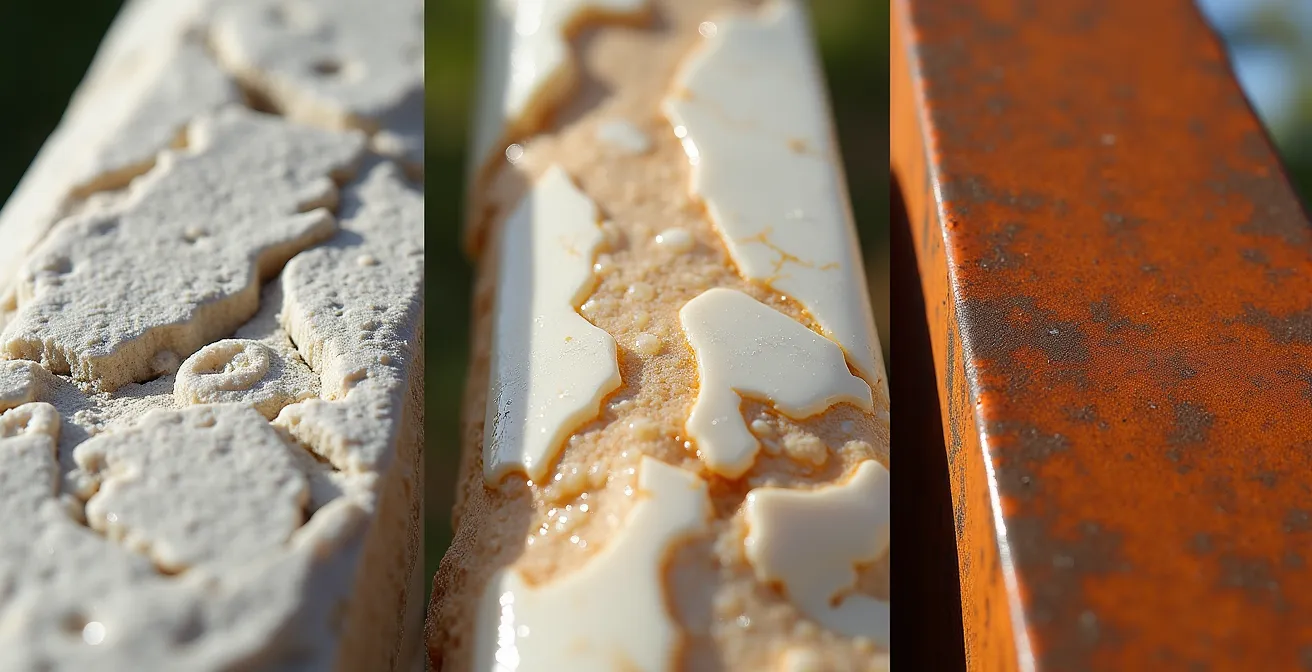 Detalle macro de diferentes materiales escultóricos mostrando texturas y patinas: acero corten oxidado, mármol pulido, y alabastro deteriorado