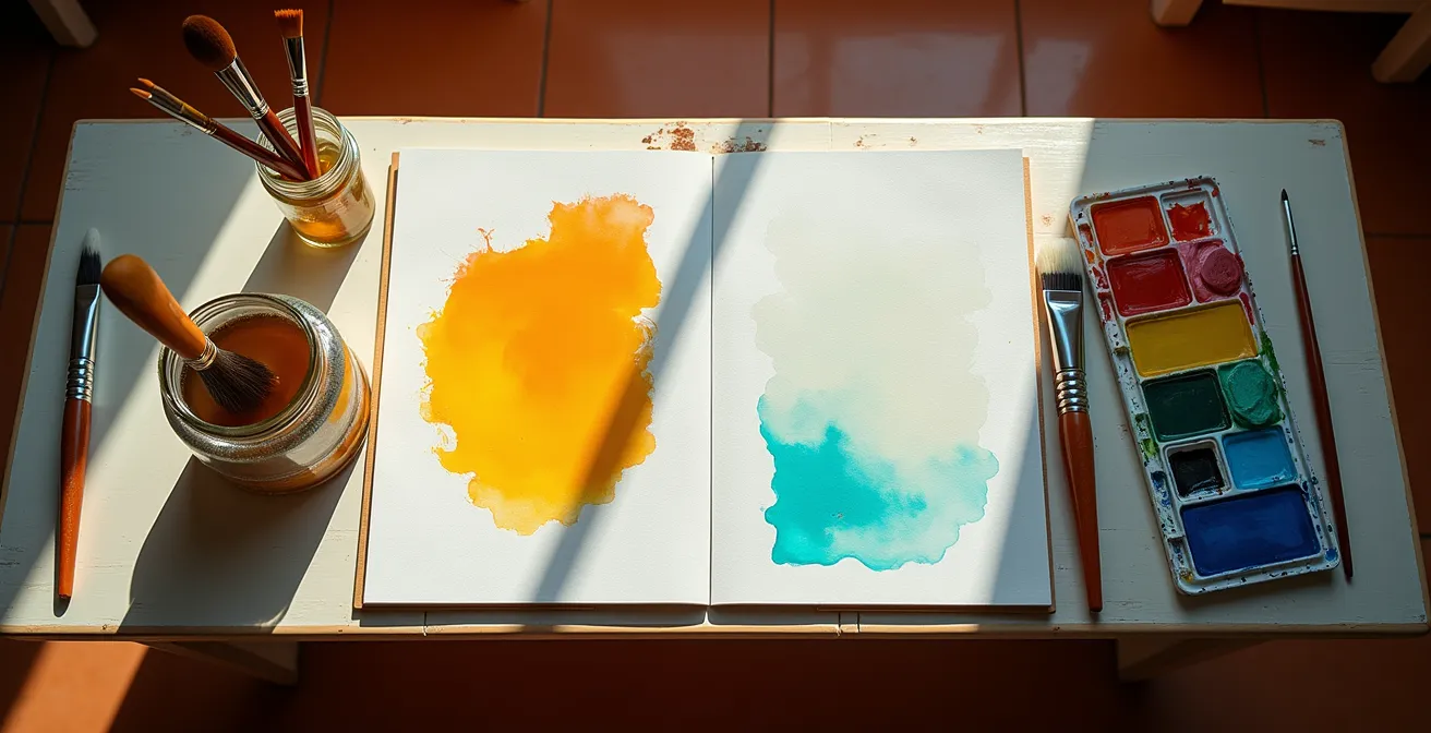 Mesa de trabajo dividida mostrando materiales de óleo a la izquierda y acuarela a la derecha en un piso español