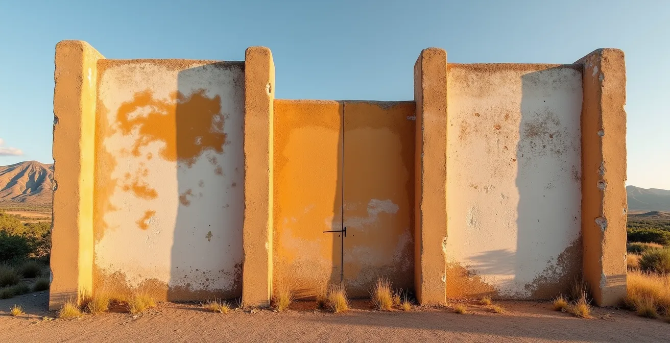 Muro exterior mostrando tres técnicas de pintura mural tradicionales españolas bajo diferentes condiciones climáticas