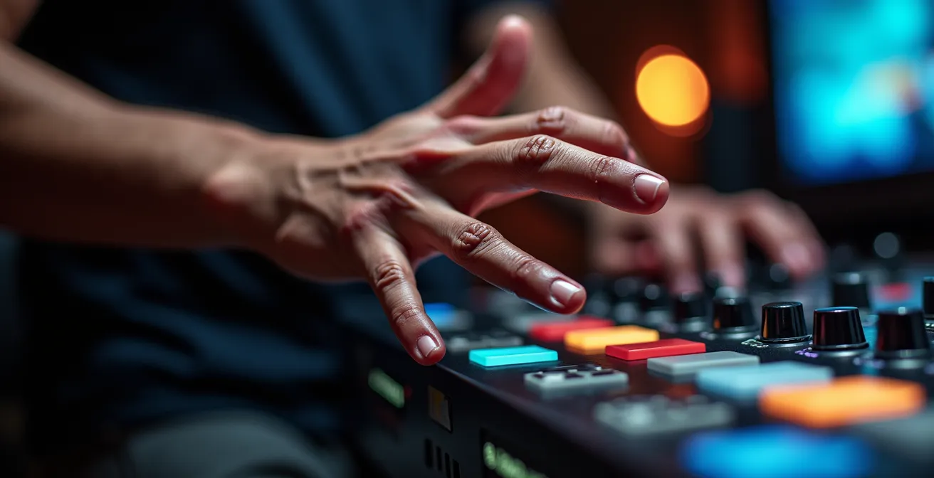 Manos ejecutando palmas flamencas con elementos electrónicos de fondo