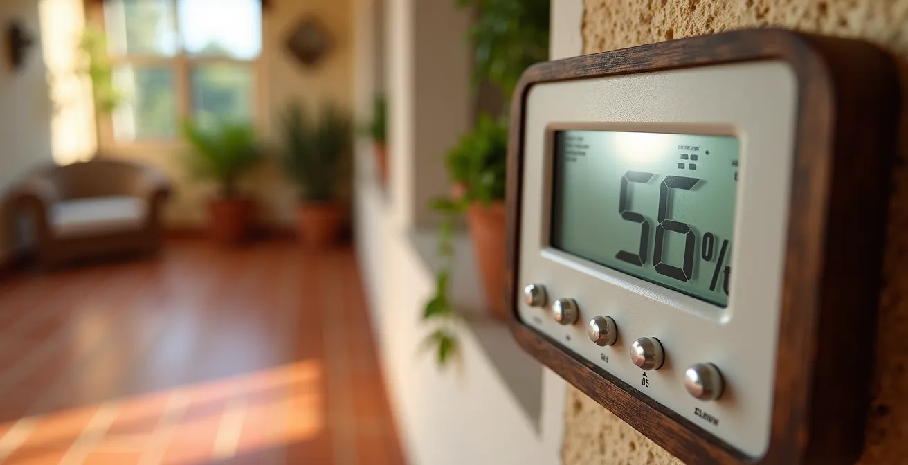 Detalle macro de higrómetro digital mostrando niveles óptimos de humedad para conservación de arte