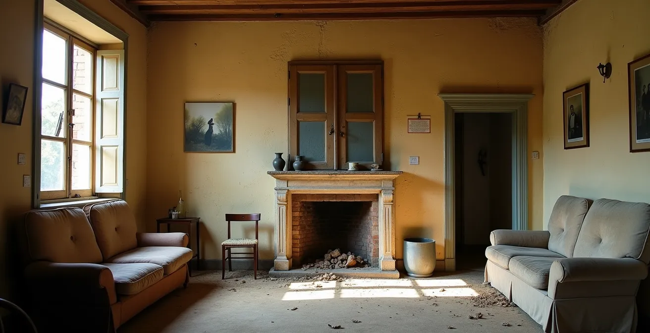 Representación visual de las capas de información en una narrativa a través del interior de un cortijo abandonado con objetos de distintas épocas.