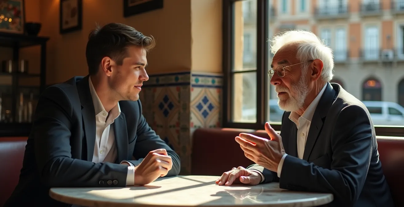 Dos personas de diferentes generaciones conversando en un café tradicional español