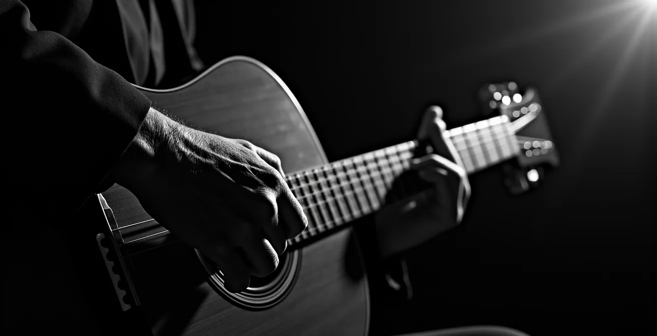 Fotografía de tablao flamenco con contraste dramático en las manos del guitarrista, guiando la mirada hacia el origen del sonido.