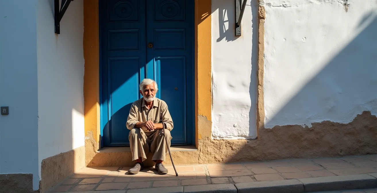 Contraste de sombras cálidas y frías en fachada de pueblo blanco andaluz con luz mediterránea