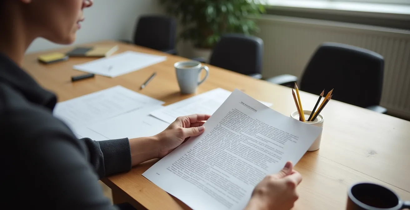 Director de teatro español revisando un guion con acotaciones técnicas en una mesa de trabajo