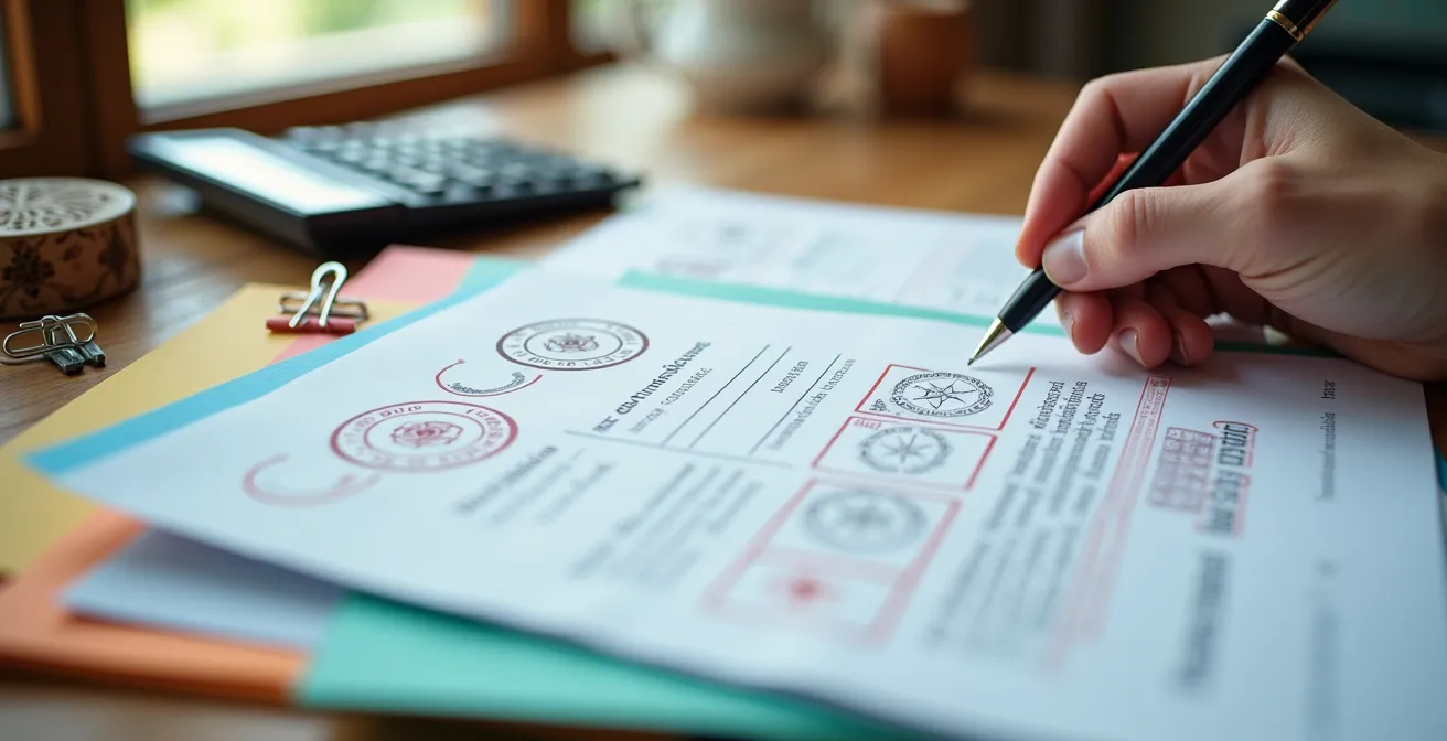 Mesa de trabajo con documentos organizados para gestión de subvenciones culturales