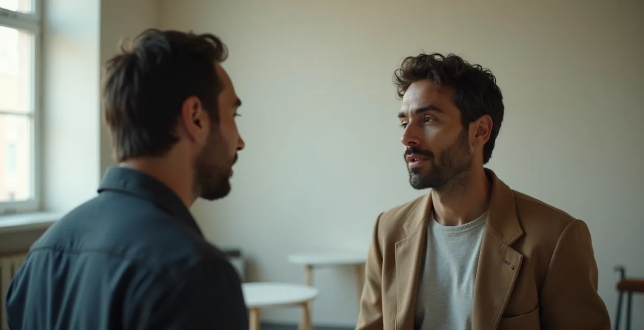 Dos actores en plano medio durante diálogo, mostrando el momento de procesamiento entre líneas