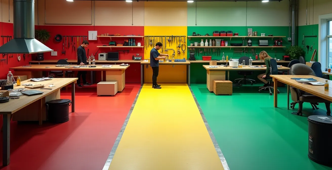 Vista aérea de un taller artístico dividido en zonas codificadas por colores con artistas trabajando ordenadamente
