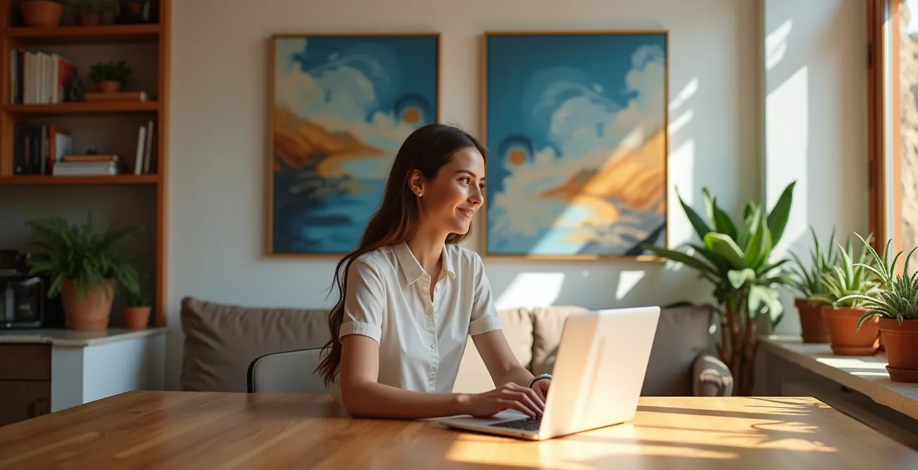 Oficina en casa con obras de arte cuidadosamente seleccionadas para crear ambiente tranquilo