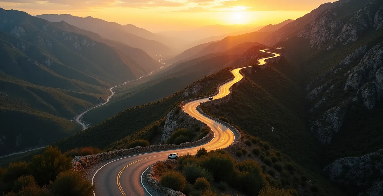 Diagrama visual de la estructura del thriller con momentos clave marcados como un sinuoso camino de montaña al atardecer.