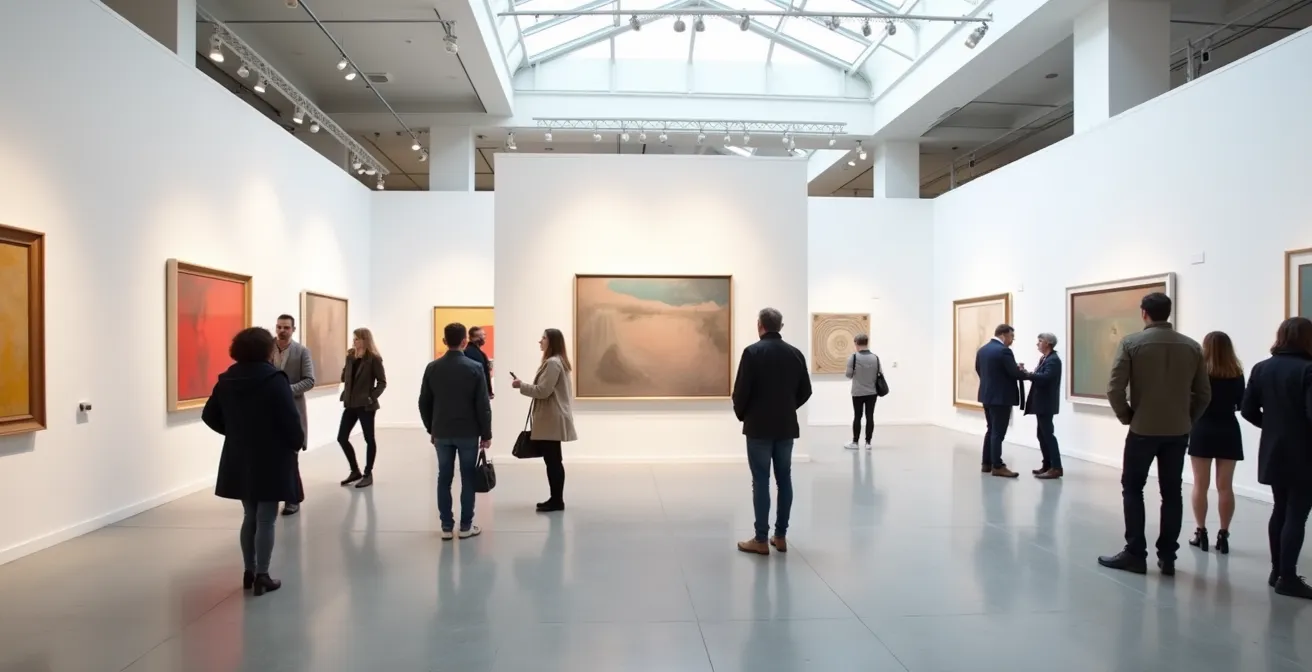 Vista amplia de una feria de arte emergente en Madrid con visitantes observando obras