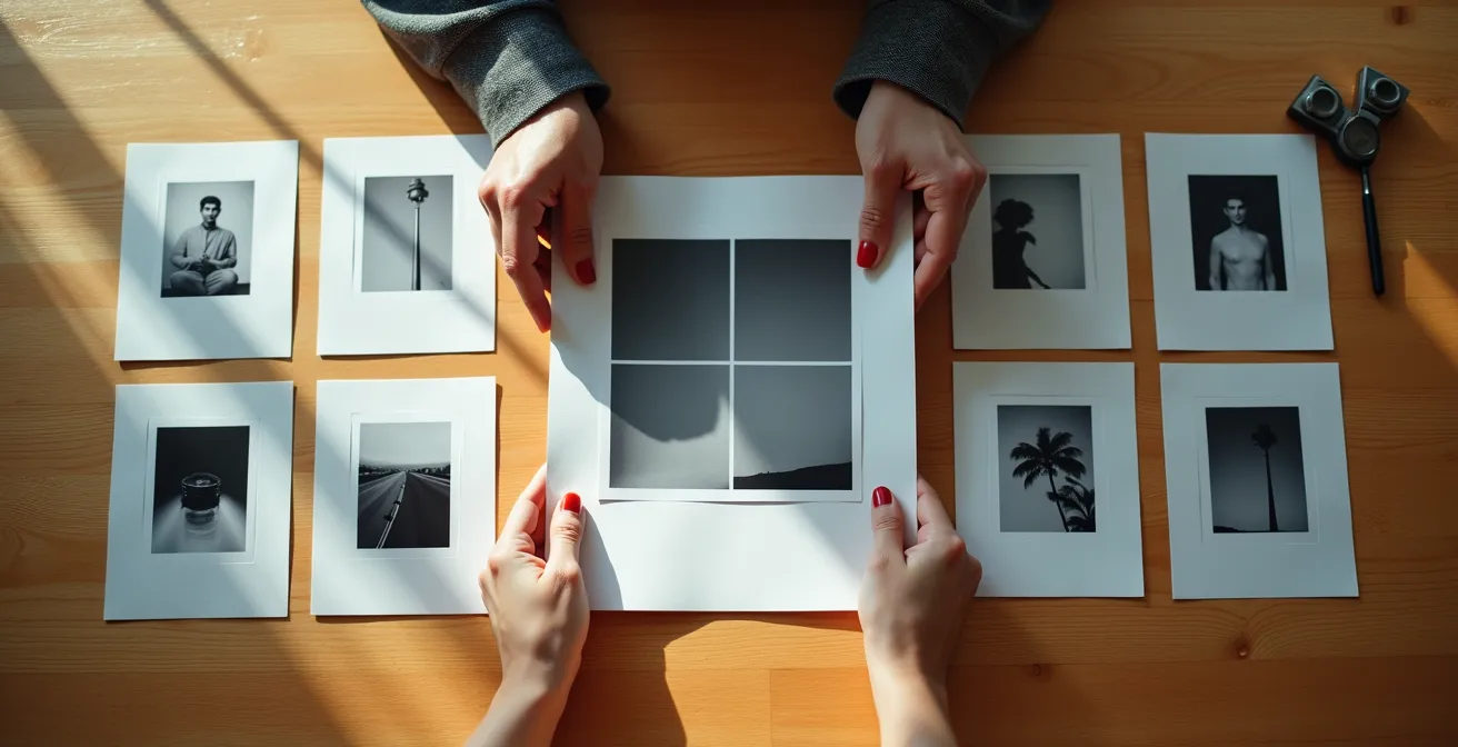 Fotógrafo profesional organizando una serie fotográfica documental para su protección legal