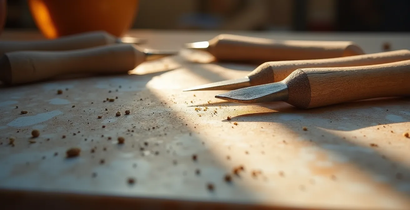Herramientas tradicionales de talla junto a bloques de mármol español de Macael