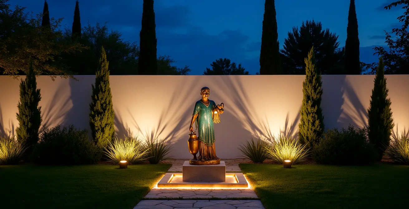Escultura de bronce iluminada con focos LED cálidos en jardín nocturno español, proyectando sombras artísticas sobre pared encalada