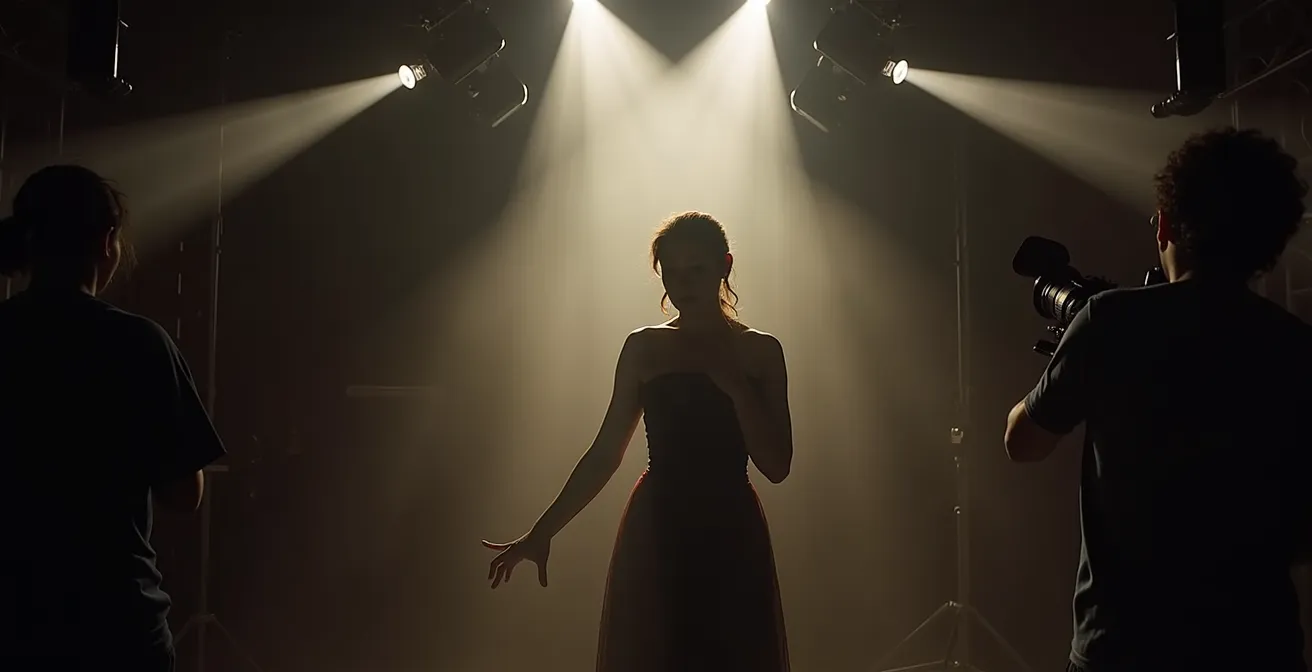 Setup de iluminación teatral profesional capturando una performance en un espacio oscuro