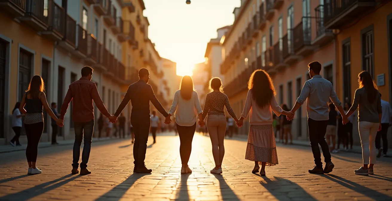 Intercambio cultural en plaza de barrio con vecinos locales y migrantes compartiendo tradiciones