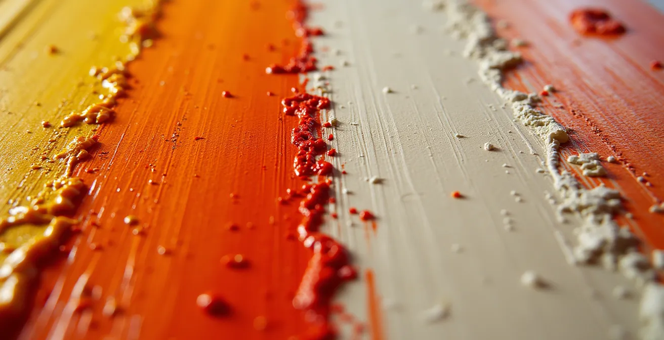 Comparación macro de pinceladas y pigmentos entre pintura de calidad y pintura barata