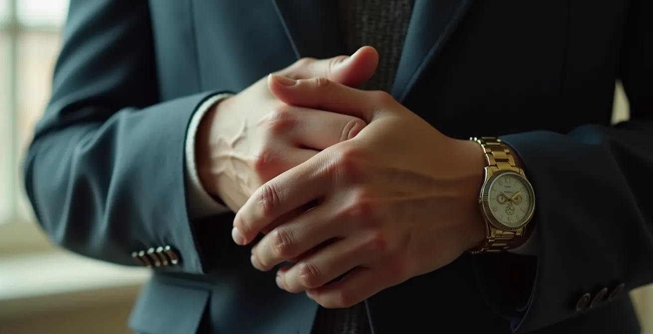 Primer plano de las manos de un actor en posición de reposo activo mostrando control y presencia