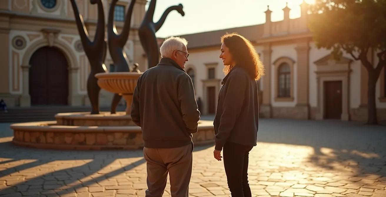 Pareja intergeneracional visitando una instalación artística en plaza de pueblo español