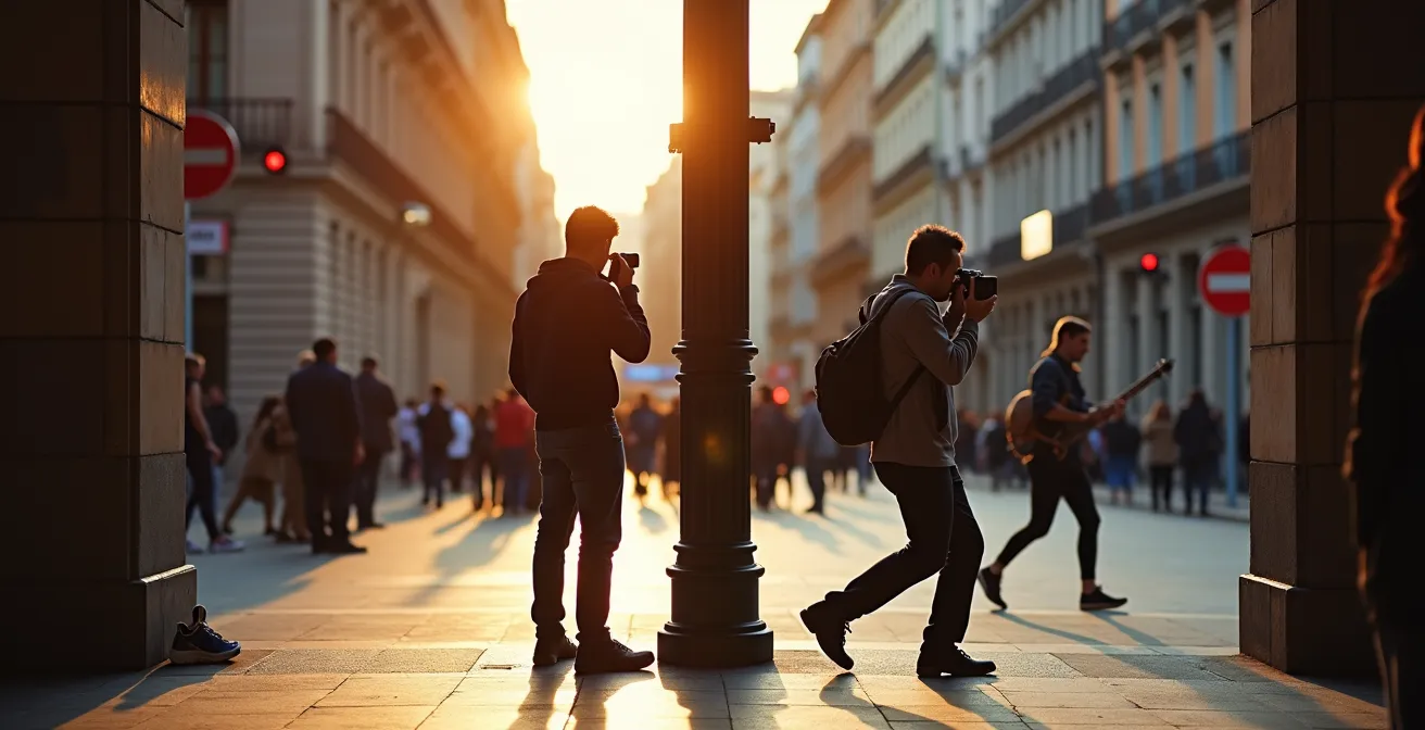 Comparación visual entre esperar en punto estratégico versus seguir la acción en fotografía urbana
