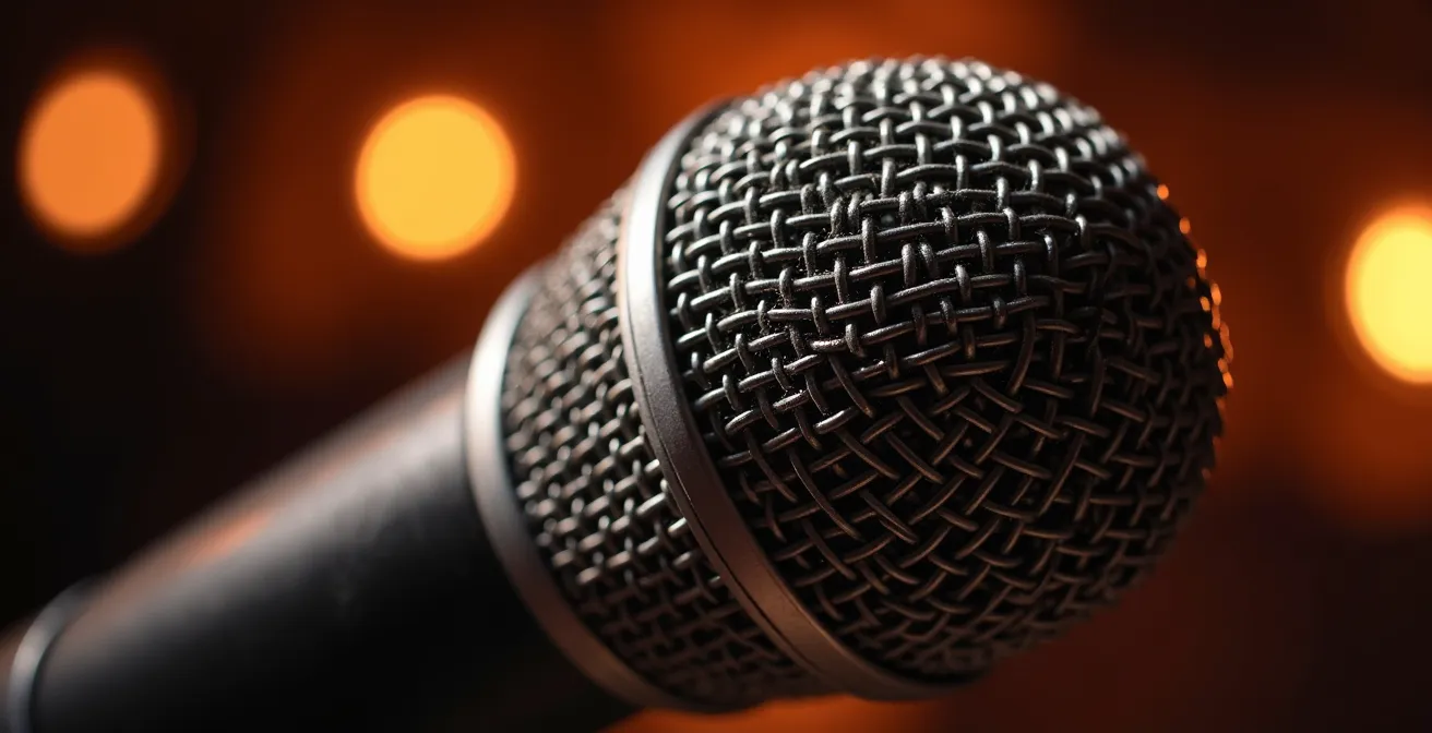 Primer plano macro de un micrófono Shure SM58 con la rejilla metálica mostrando su textura, iluminado por luz cálida de bar