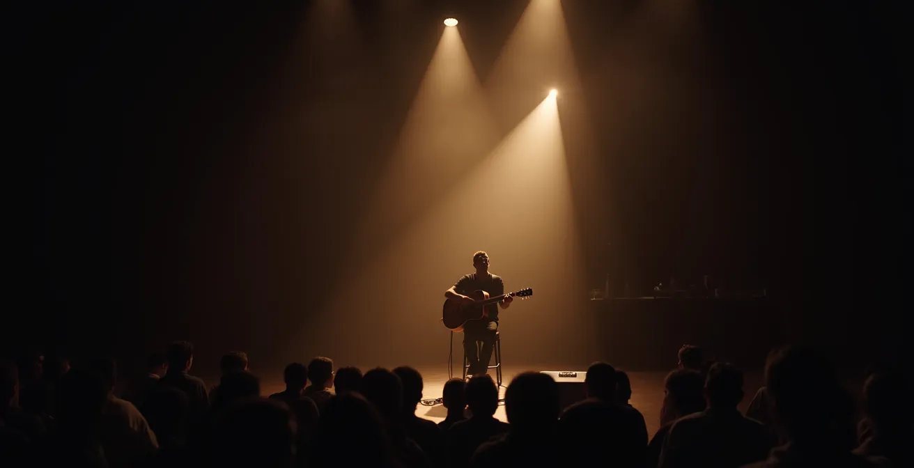 Artista en momento íntimo compartiendo anécdota con el público entre canciones en concierto español