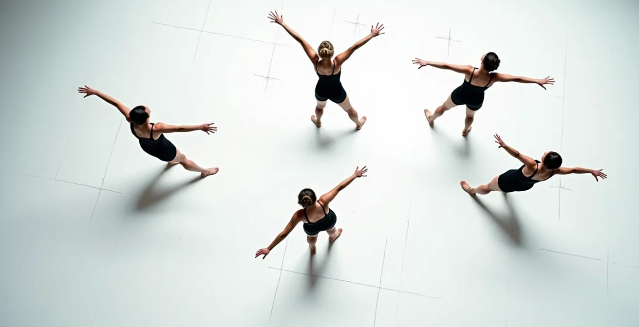 Vista cenital de bailarines formando patrones geométricos en el escenario con trayectorias de movimiento visibles