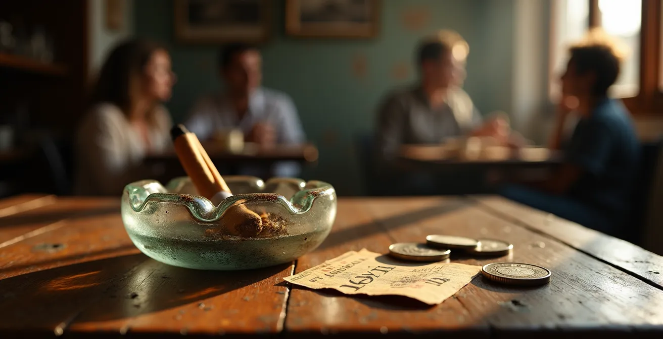 Composición con objetos españoles tradicionales en primer plano desenfocado y escena doméstica al fondo