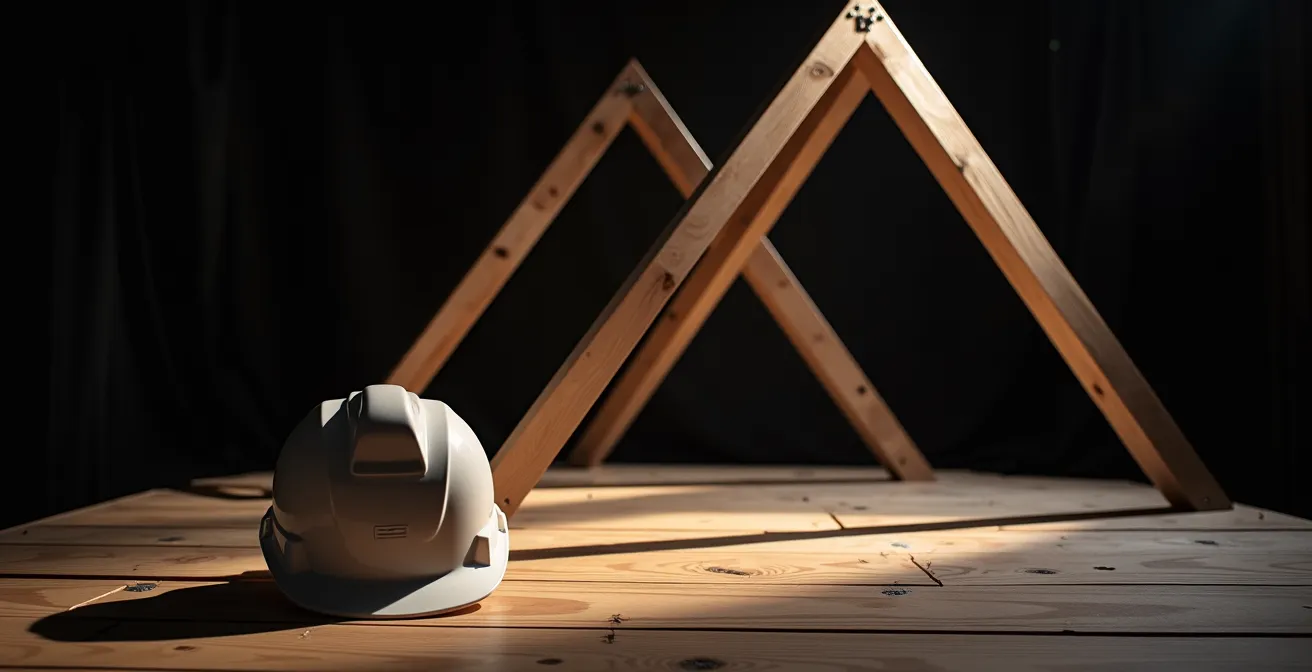 Estructura triangulada de madera para plataforma teatral segura